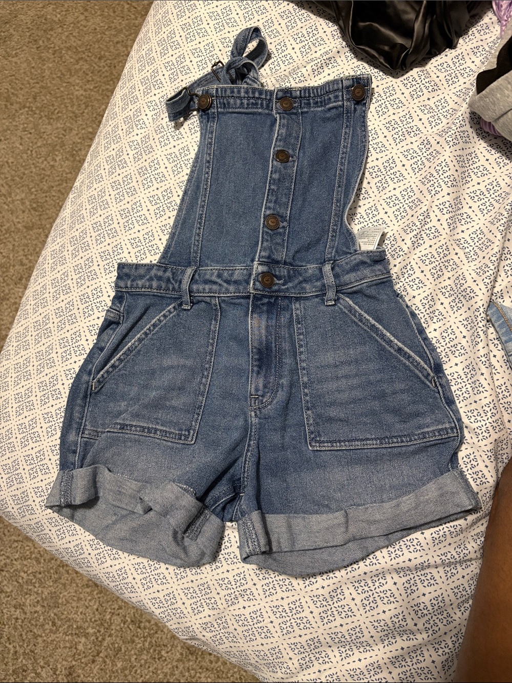 Hollister Blue Denim Short Overalls with Rolled Hem
